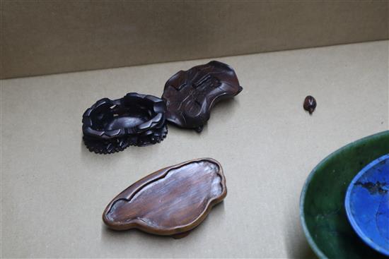 A group of Chinese stone carvings, a spinach green jade dish and a lapis lazuli dish